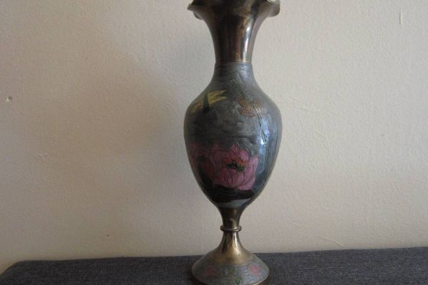 Alte Vase - Messing und Emaille-Malerei - Höhe: 25, 5cm - 50er/60er